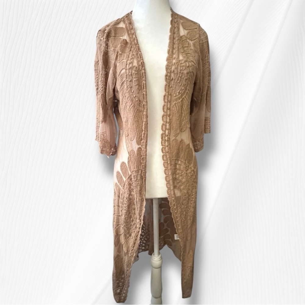 Rebellion Women's Tan Lace Floral Long Open Kimono Duster Size Medium - Picture 2 of 11